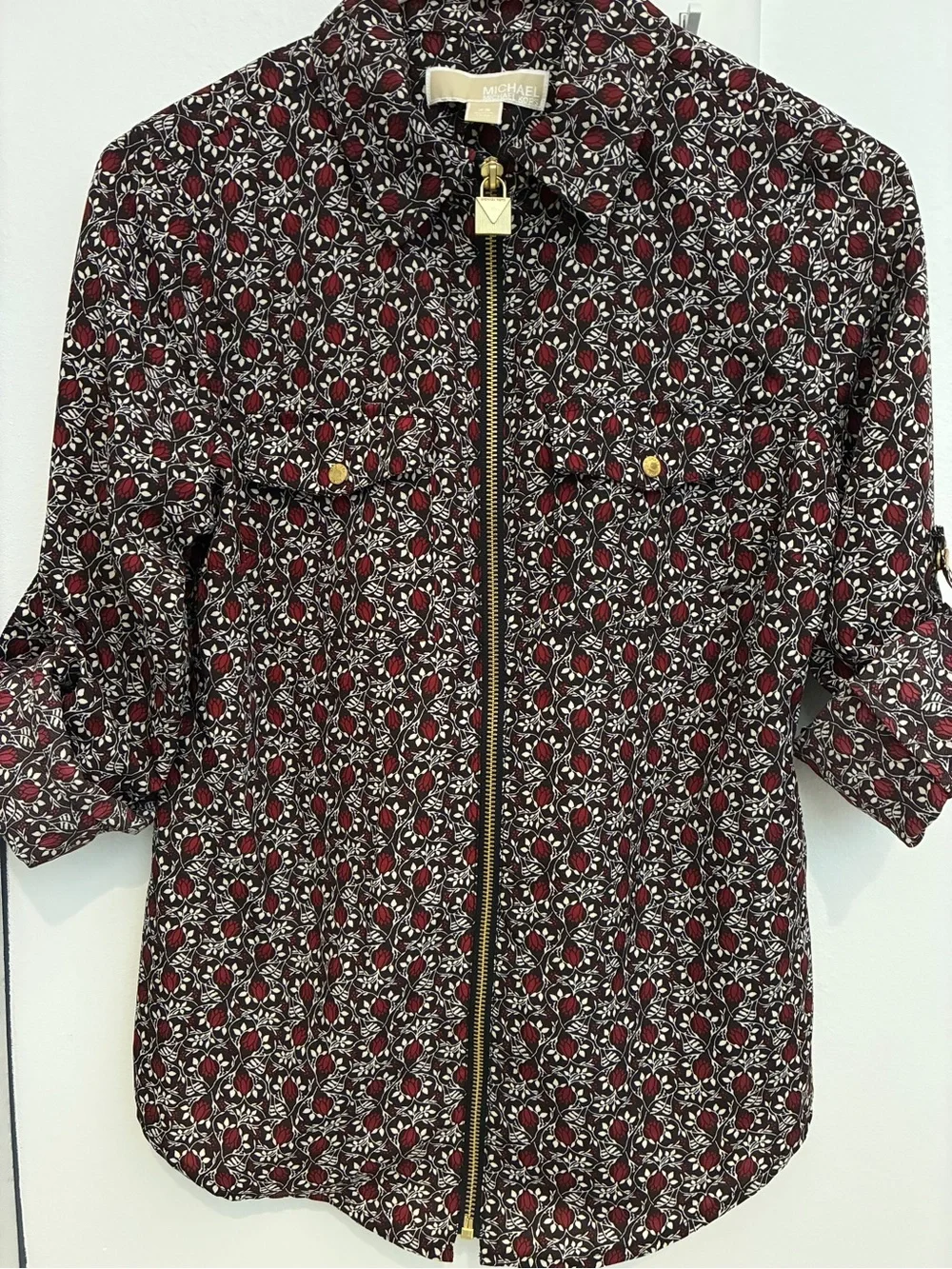 Michael Kors Burgundy Floral Print Zip-Front Jean Jacket